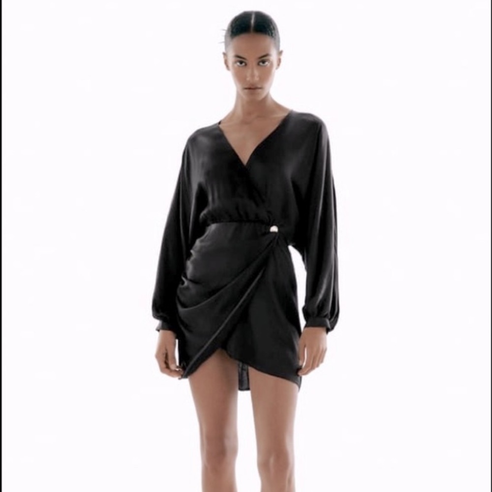 ZARA Satin effect wrap dress long sleeves Size Large - Picture 13 of 14